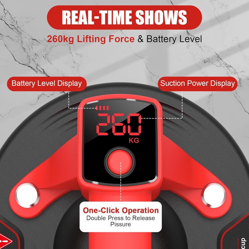 DEWINNER 10" Electric Glass Suction Cup Lifter, 600 LBS Max Load Vacuum Glass Lifter with 1200mAh Battery, Auto Start Pump, Industrial Strength Vacuum Suction Cup for Glass, Tile, Granite, Metal - Image 2